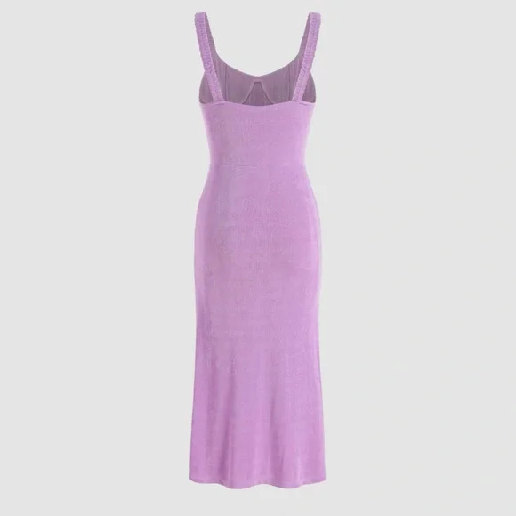 Cider Lavender Midi Dress Flirty Thigh High Stretchy Fabric Bustier Neckline - Picture 2 of 10